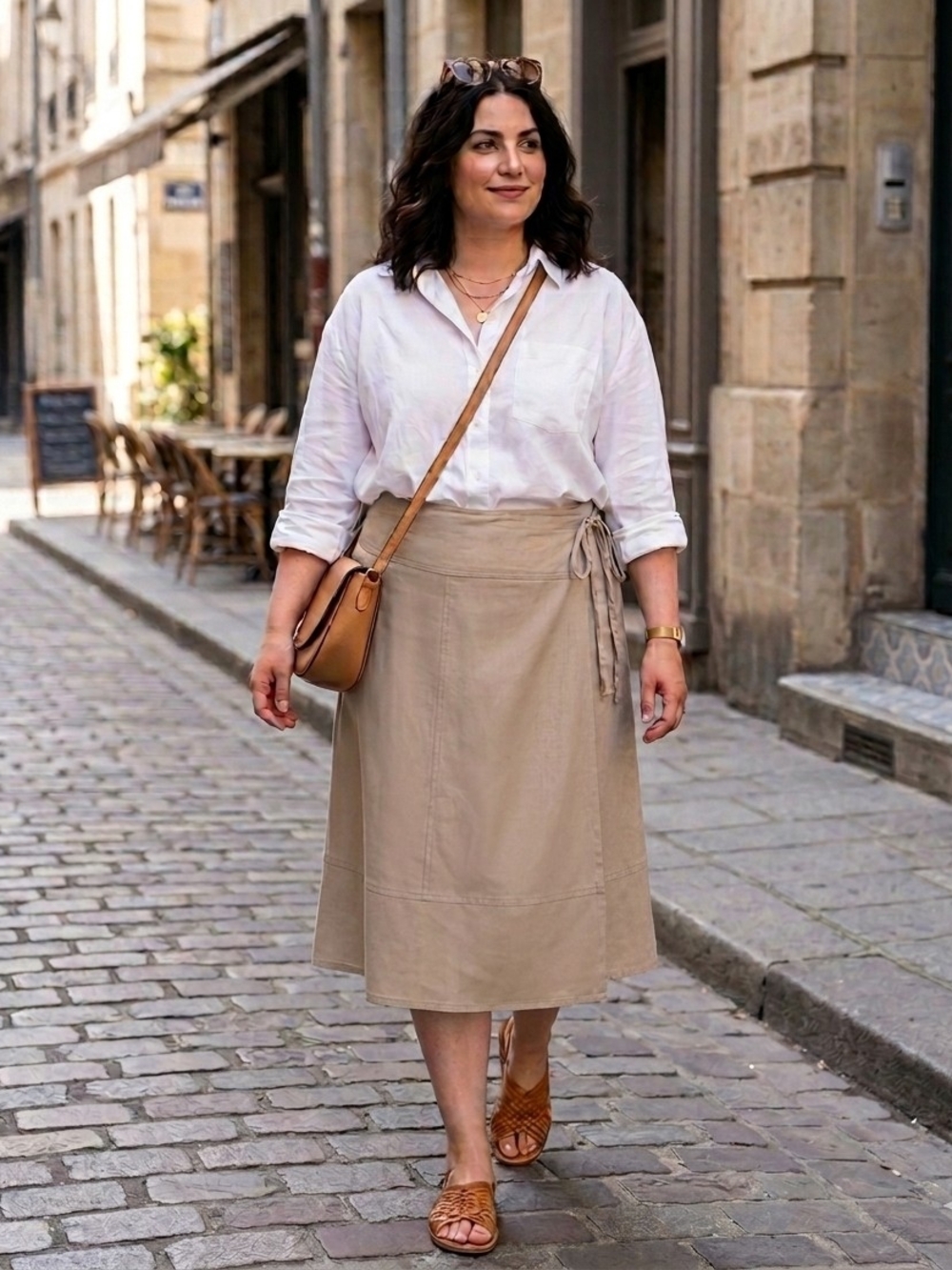 VTG 100% Linen Wrap Skirt Tan Midi Coastal Grandmother Quiet Luxury Minimalist